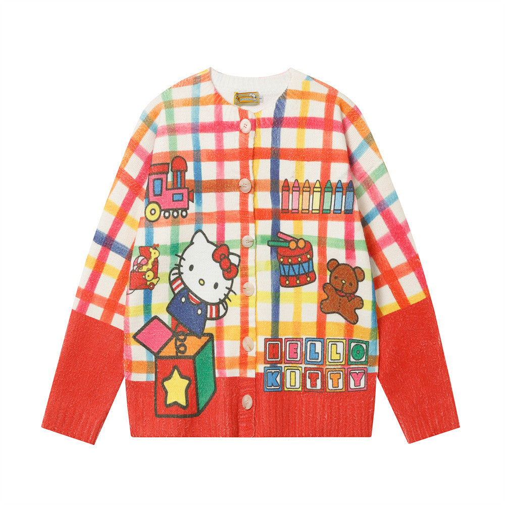 Fun Cartoon Full Print Cardigan Crewneck Sweater Hip Hop Trendy Niche Loose Casual Long Sleeve Sweater Jacket For Men