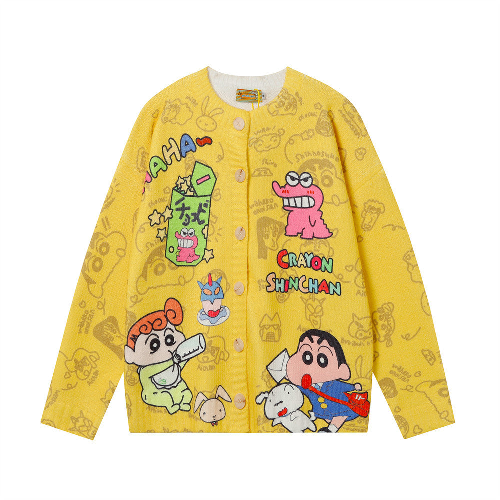 Fun Cartoon Full Print Cardigan Crewneck Sweater Hip Hop Trendy Niche Loose Casual Long Sleeve Sweater Jacket For Men