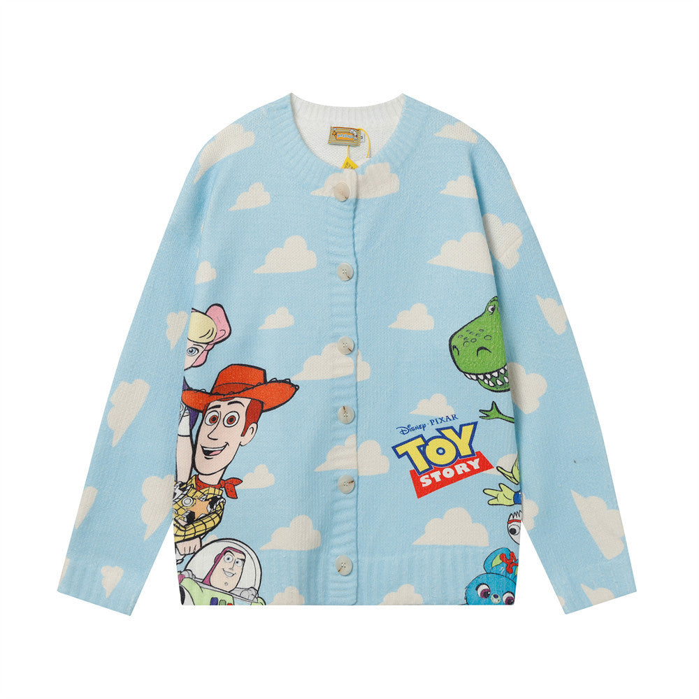 Fun Cartoon Full Print Cardigan Crewneck Sweater Hip Hop Trendy Niche Loose Casual Long Sleeve Sweater Jacket For Men