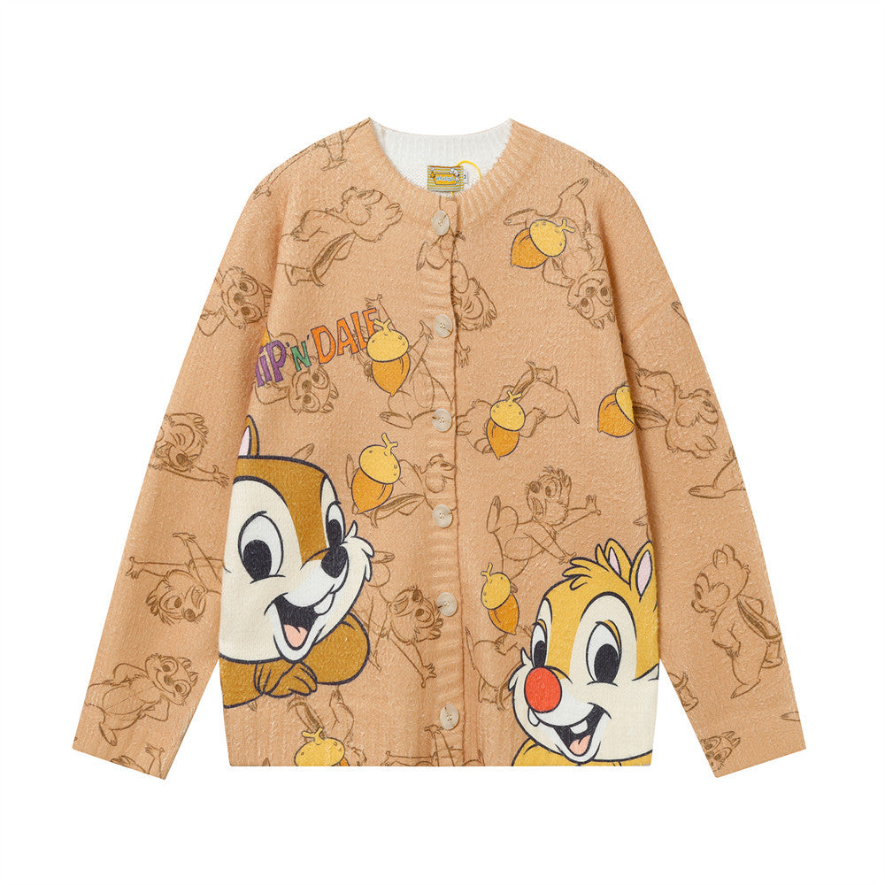 Fun Cartoon Full Print Cardigan Crewneck Sweater Hip Hop Trendy Niche Loose Casual Long Sleeve Sweater Jacket For Men