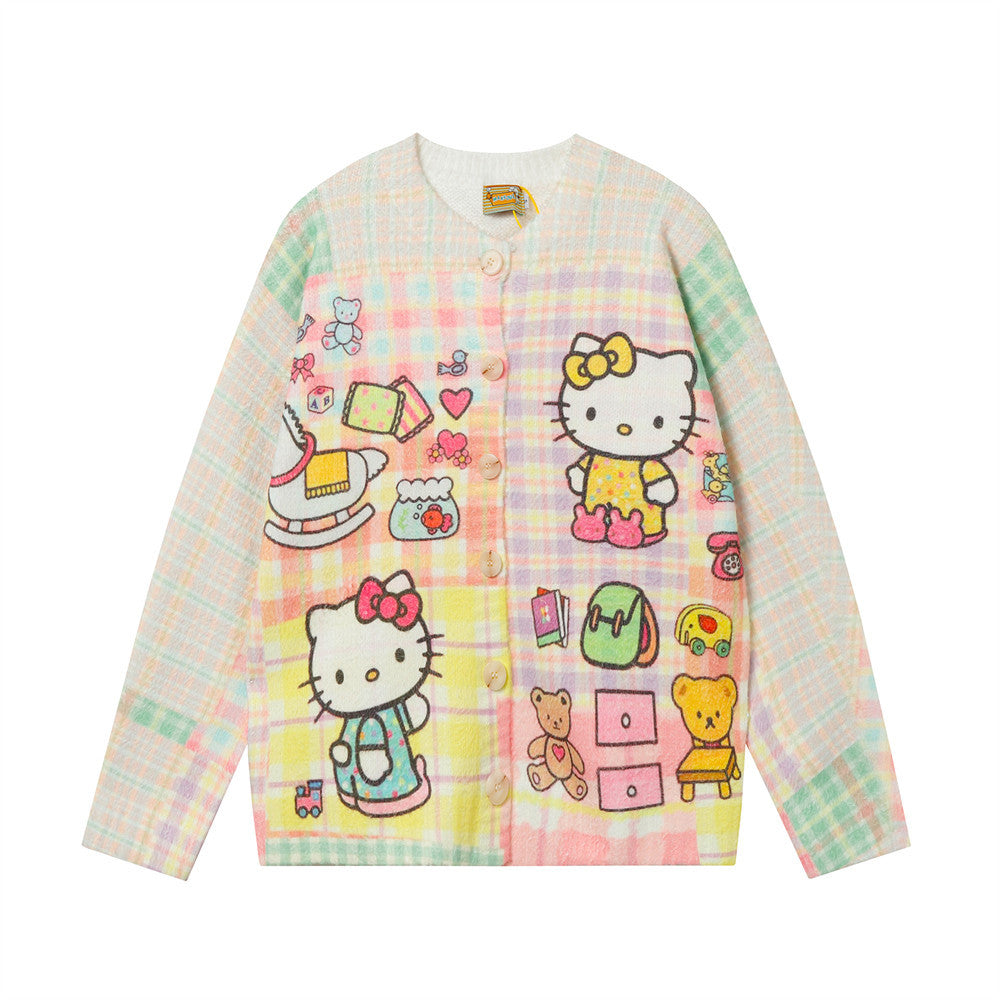 Fun Cartoon Full Print Cardigan Crewneck Sweater Hip Hop Trendy Niche Loose Casual Long Sleeve Sweater Jacket For Men