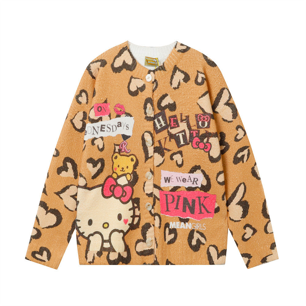 Fun Cartoon Full Print Cardigan Crewneck Sweater Hip Hop Trendy Niche Loose Casual Long Sleeve Sweater Jacket For Men