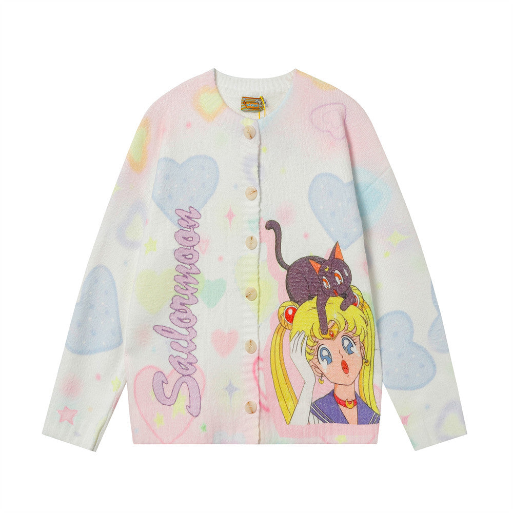 Fun Cartoon Full Print Cardigan Crewneck Sweater Hip Hop Trendy Niche Loose Casual Long Sleeve Sweater Jacket For Men