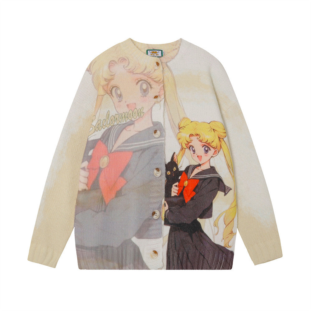 Fun Cartoon Full Print Cardigan Crewneck Sweater Hip Hop Trendy Niche Loose Casual Long Sleeve Sweater Jacket For Men