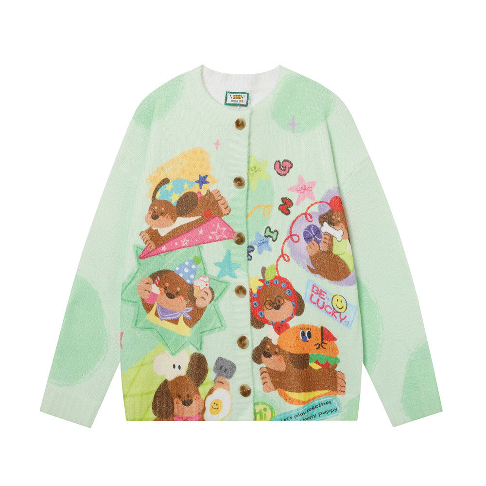 Fun Cartoon Full Print Cardigan Crewneck Sweater Hip Hop Trendy Niche Loose Casual Long Sleeve Sweater Jacket For Men