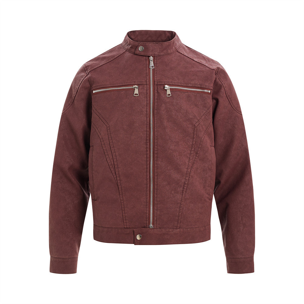 American Style Deconstructed PU Leather Jacket With Zipper Decoration For Men Spring And Autumn Street Trendy Hip-Hop Solid Color Loose Collar Jacket