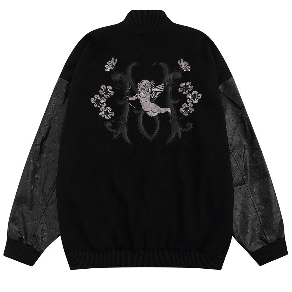 Trendy Brand American-style Flocking Embroidered Little Angel Puleather Sleeve Baseball Jacket Men's Loose Hip-hop Lapel Jacket Trendy