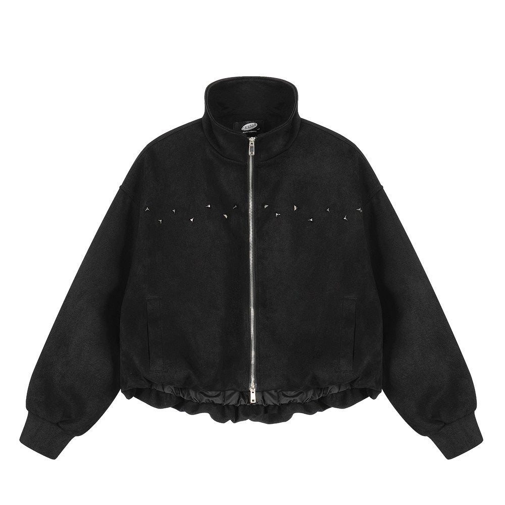 Trendy Brand High Street Loose Collar Short Jacket Men's Hip Hop Rock Stud Design Two-way Zipper Jacket