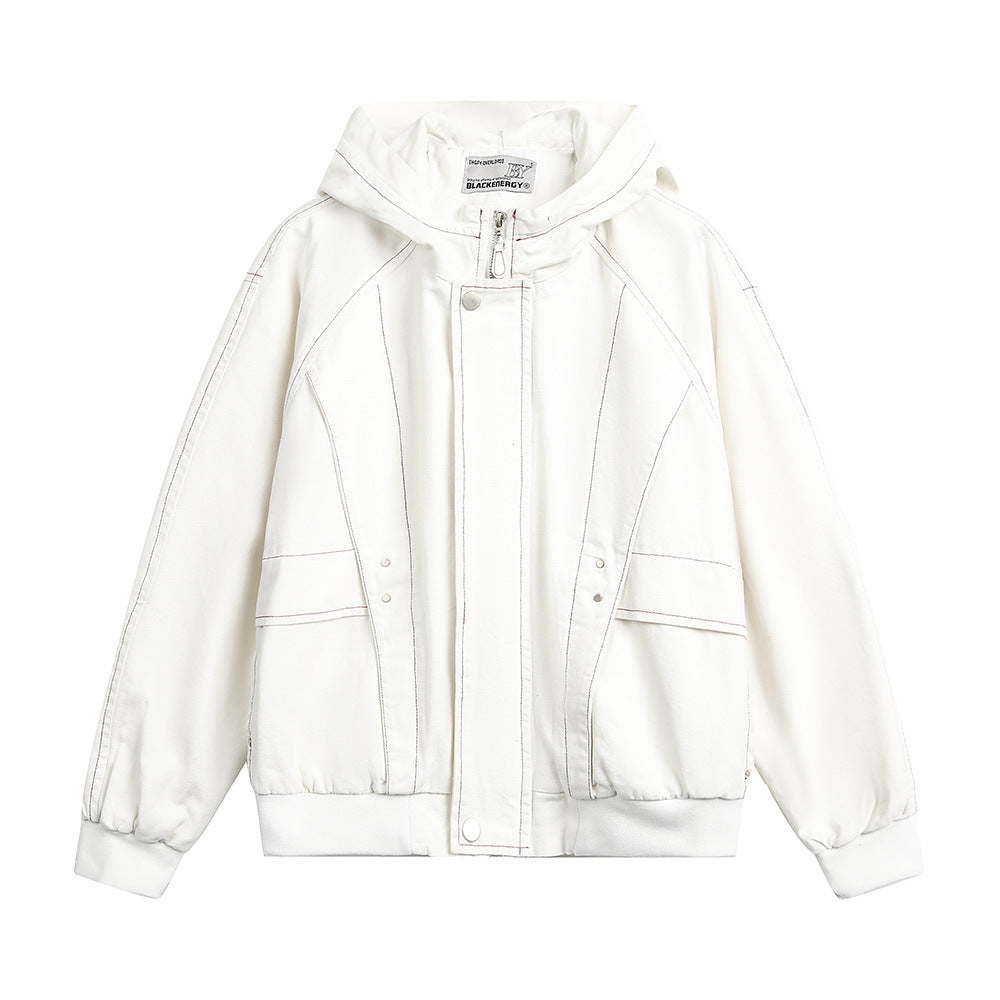 Jiming Line Canvas Hooded Jacket Men's Autumn Loose Street Trendy Hip-hop Design Sense Pocket Hoodie Jacket