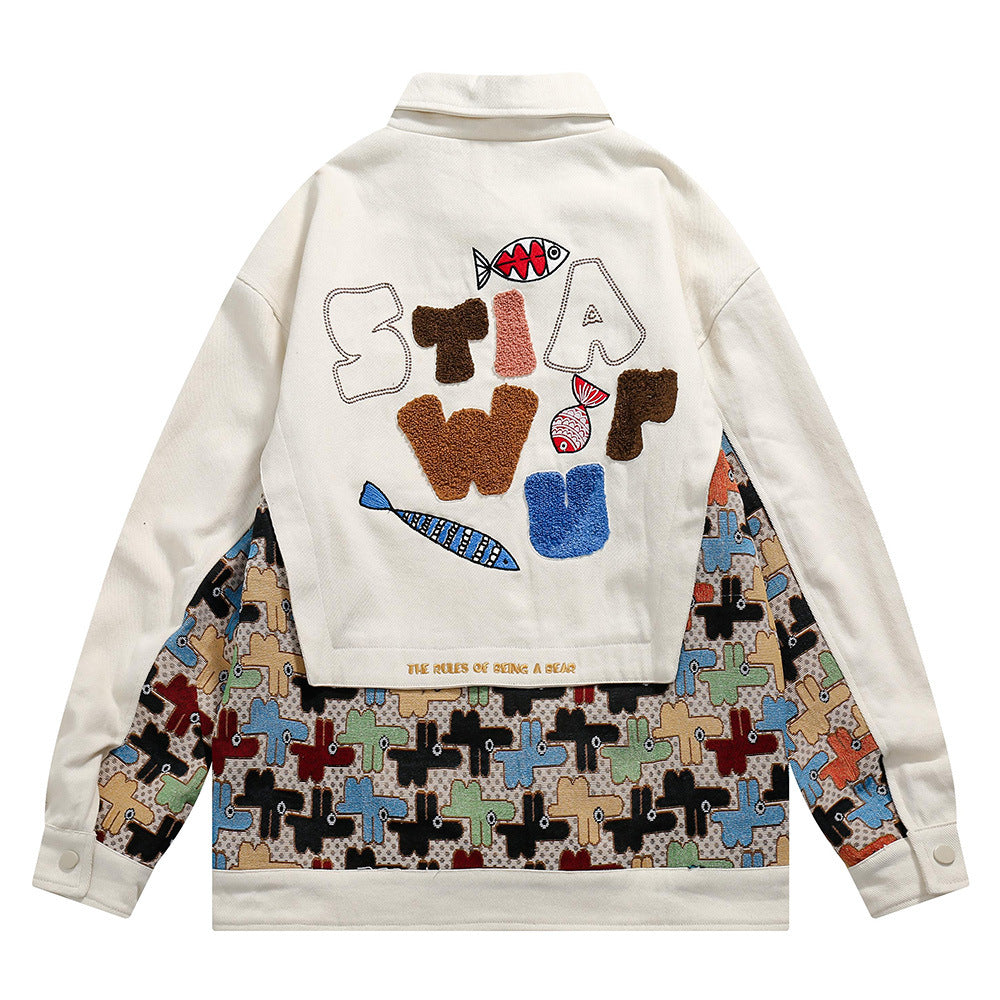 Stitching Embroidered Laps Jacket Men's Spring American Style Street Hip-Hop Trendy Ins Loose Design Sense Jacket