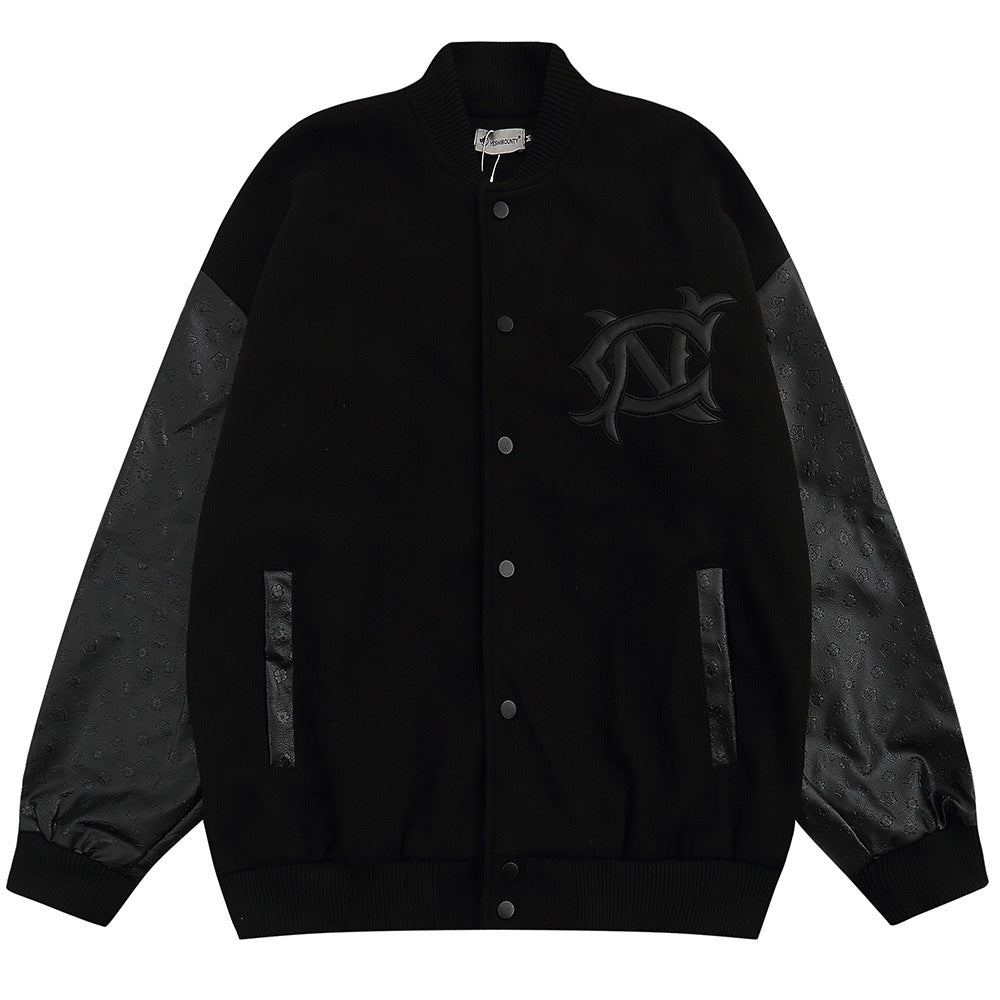 Trendy Brand American-style Flocking Embroidered Little Angel Puleather Sleeve Baseball Jacket Men's Loose Hip-hop Lapel Jacket Trendy