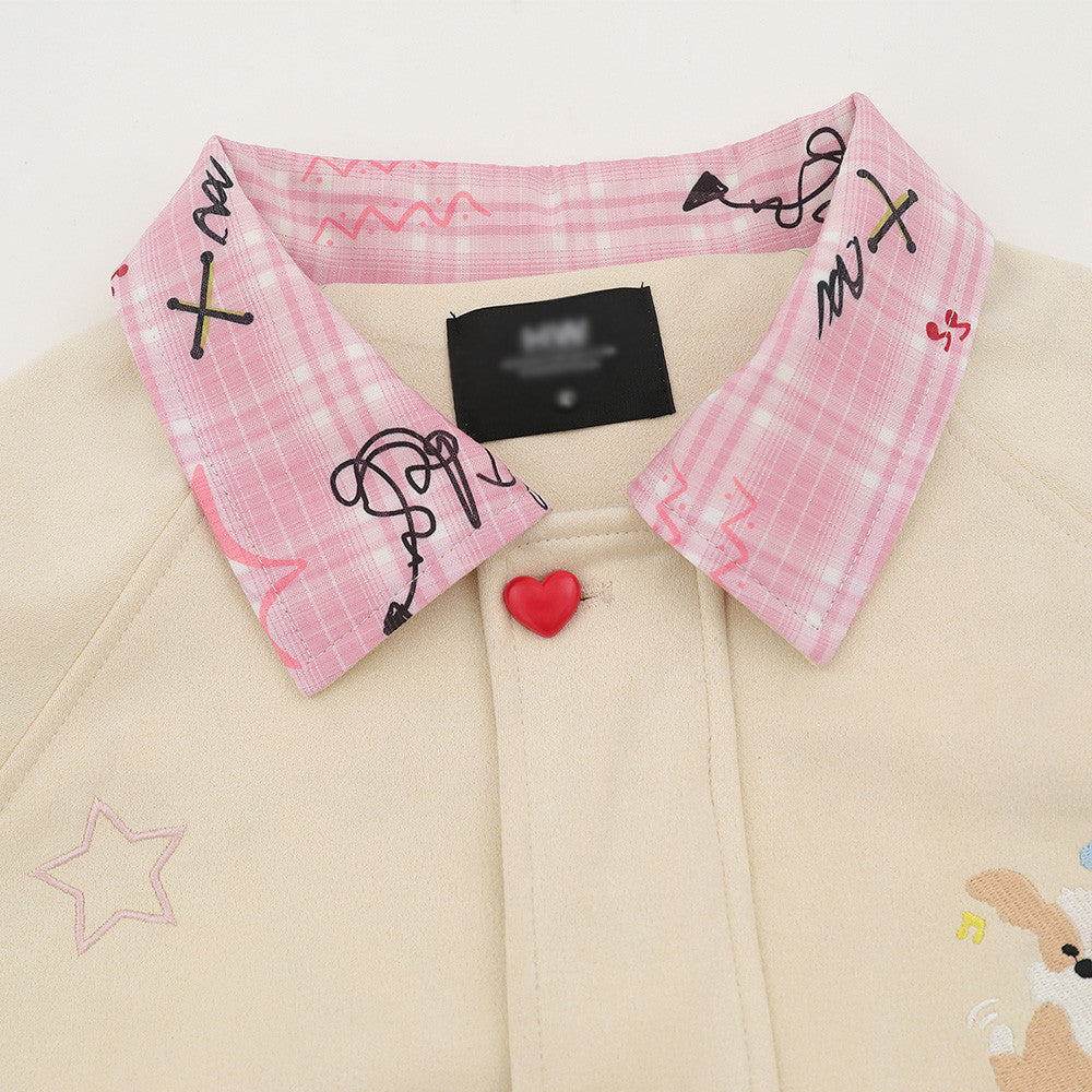Fun Cartoon Design Loose Jacket Hip-Hop Fashionable Men's Autumn And Winter Plaid Stitching Contrast Lapel Jacket