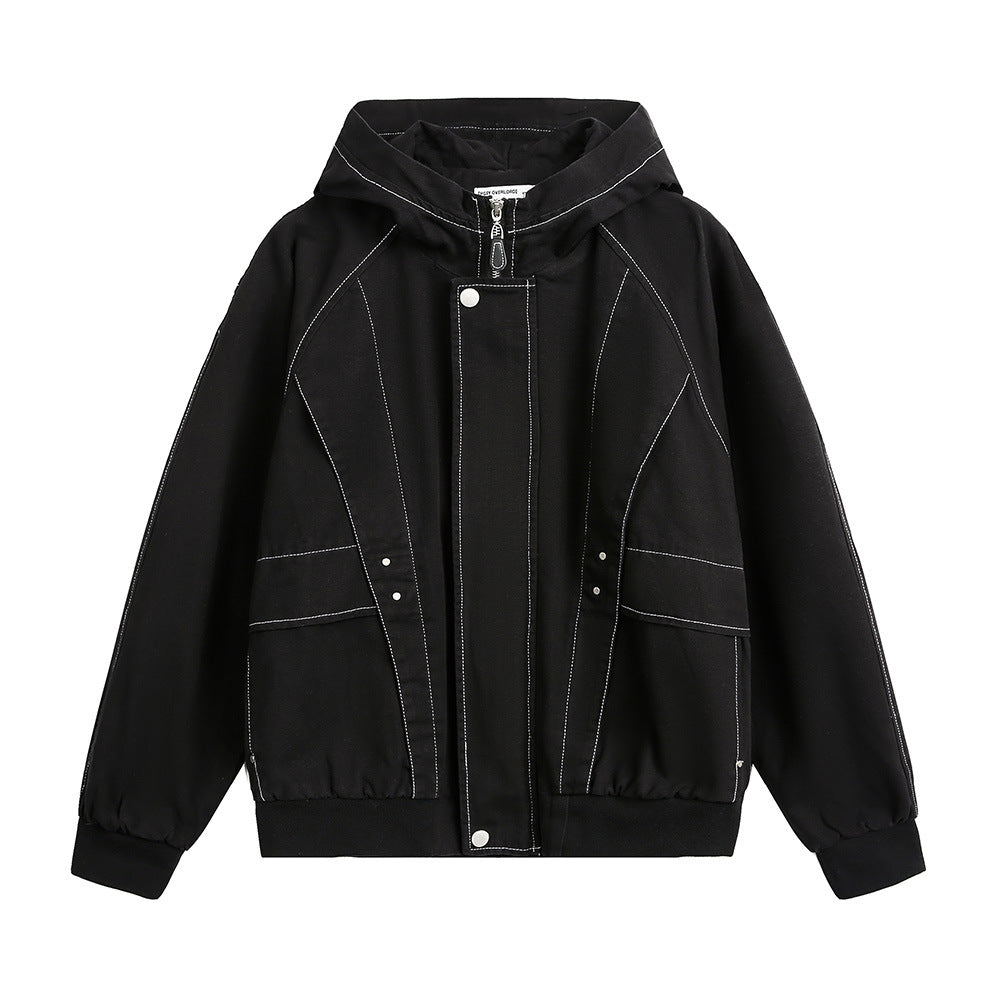Jiming Line Canvas Hooded Jacket Men's Autumn Loose Street Trendy Hip-hop Design Sense Pocket Hoodie Jacket