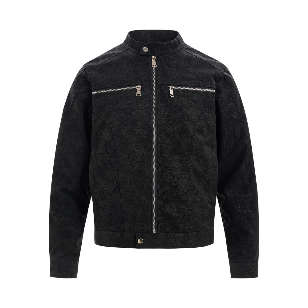 American Style Deconstructed PU Leather Jacket With Zipper Decoration For Men Spring And Autumn Street Trendy Hip-Hop Solid Color Loose Collar Jacket