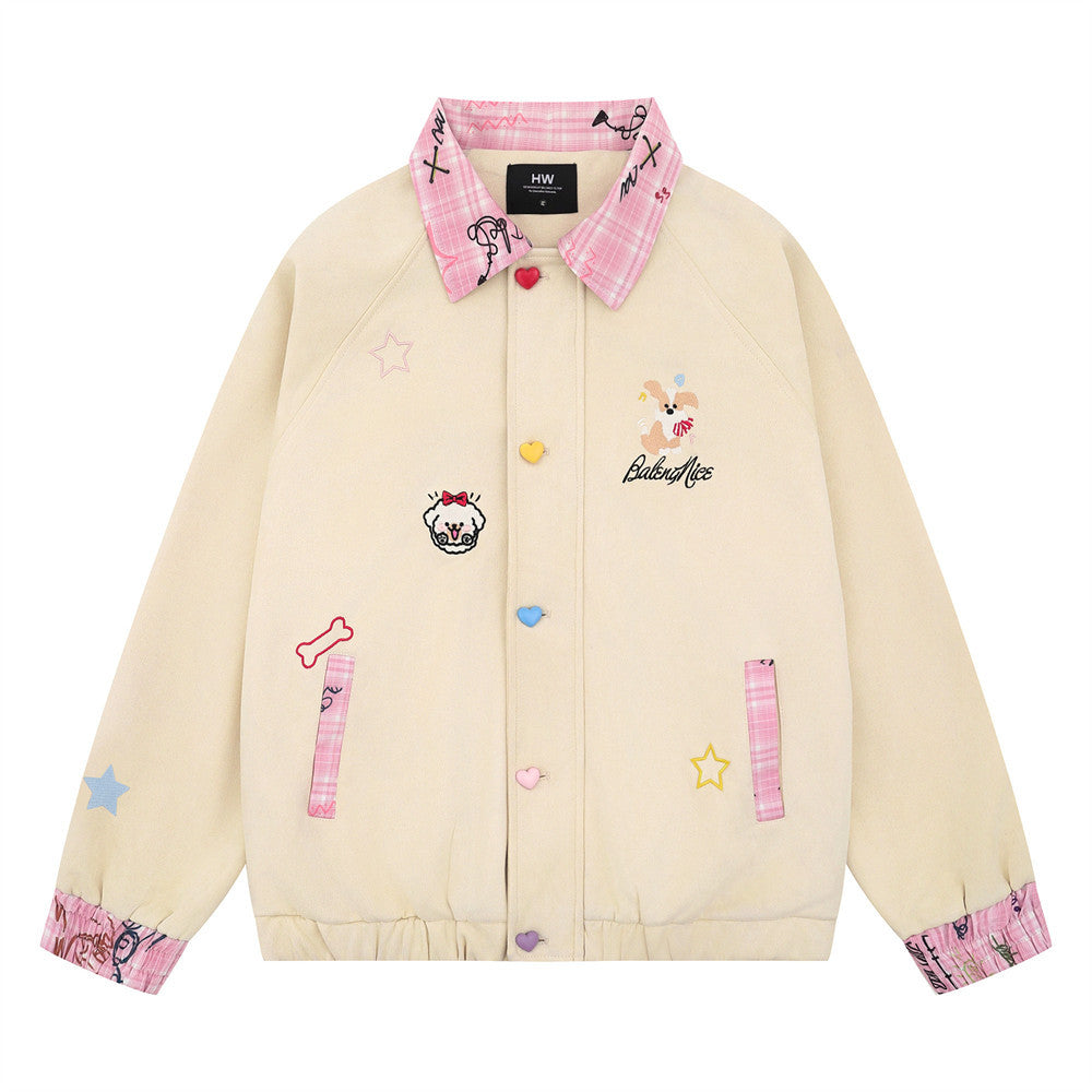 Fun Cartoon Design Loose Jacket Hip-Hop Fashionable Men's Autumn And Winter Plaid Stitching Contrast Lapel Jacket