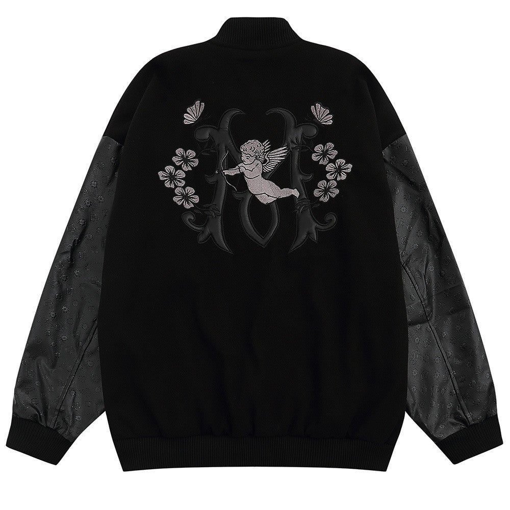 Trendy Brand American-style Flocking Embroidered Little Angel Puleather Sleeve Baseball Jacket Men's Loose Hip-hop Lapel Jacket Trendy