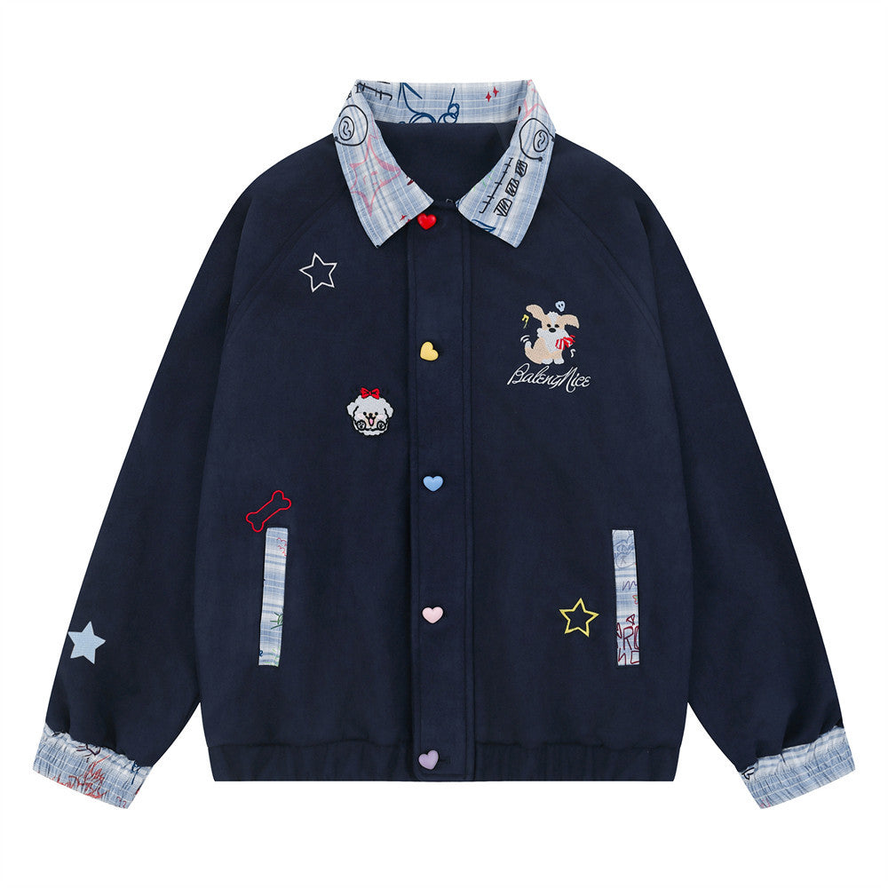 Fun Cartoon Design Loose Jacket Hip-Hop Fashionable Men's Autumn And Winter Plaid Stitching Contrast Lapel Jacket