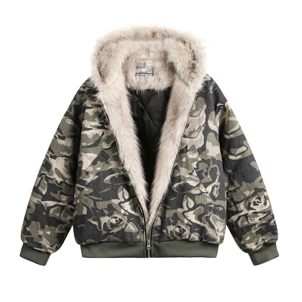 Camouflage Hooded Cotton-padded Coat Men's Winter American Style High Street Design Sense Loose Cotton Plush Thickened Cotton-padded Coat
