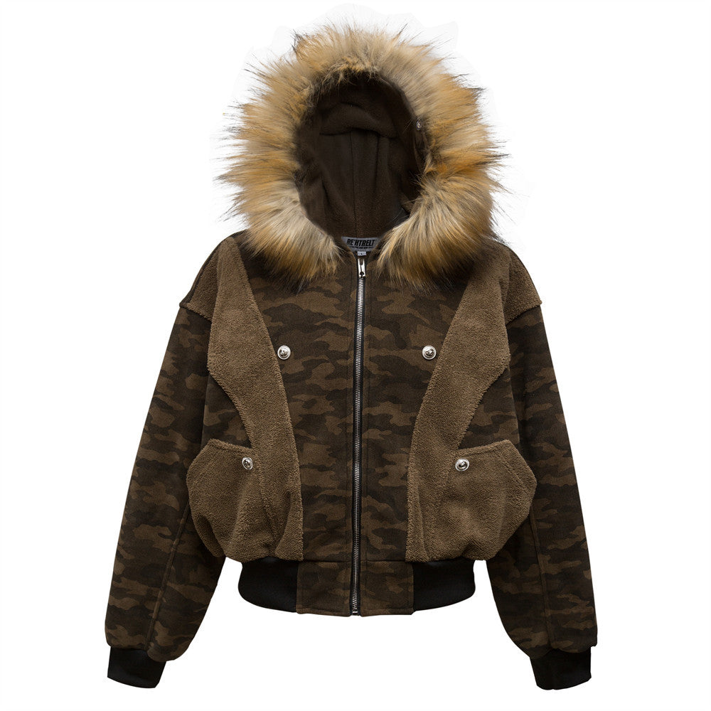 Wool Collar Hooded Cotton-padded Jacket European And American Fashion Brand Men's Loose Camouflage Deconstructed Stitching Thickened Work Jacket Winter