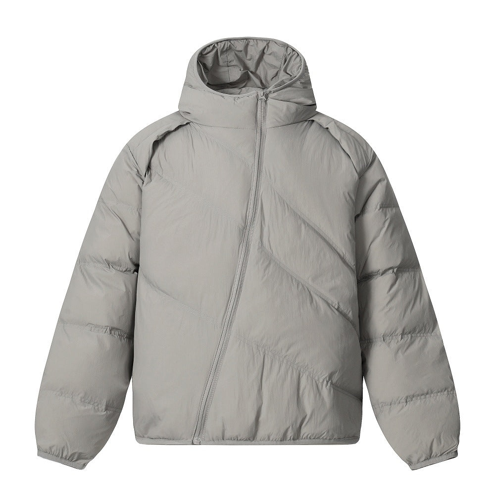 Cotton-padded Jacket Men's Winter Solid Color Loose-fit Grid Oblique Zipper Irregular Design Sense Personality Hooded Cotton-padded Jacket Trendy