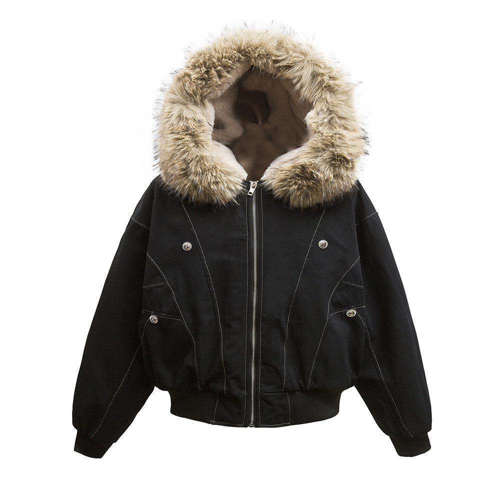 Canvas Seat Mountain Carving Fur Collar Hooded Cotton-padded Coat Men's Winter Loose American Style Street Fashion Button Decorative Cotton Coat Jacket