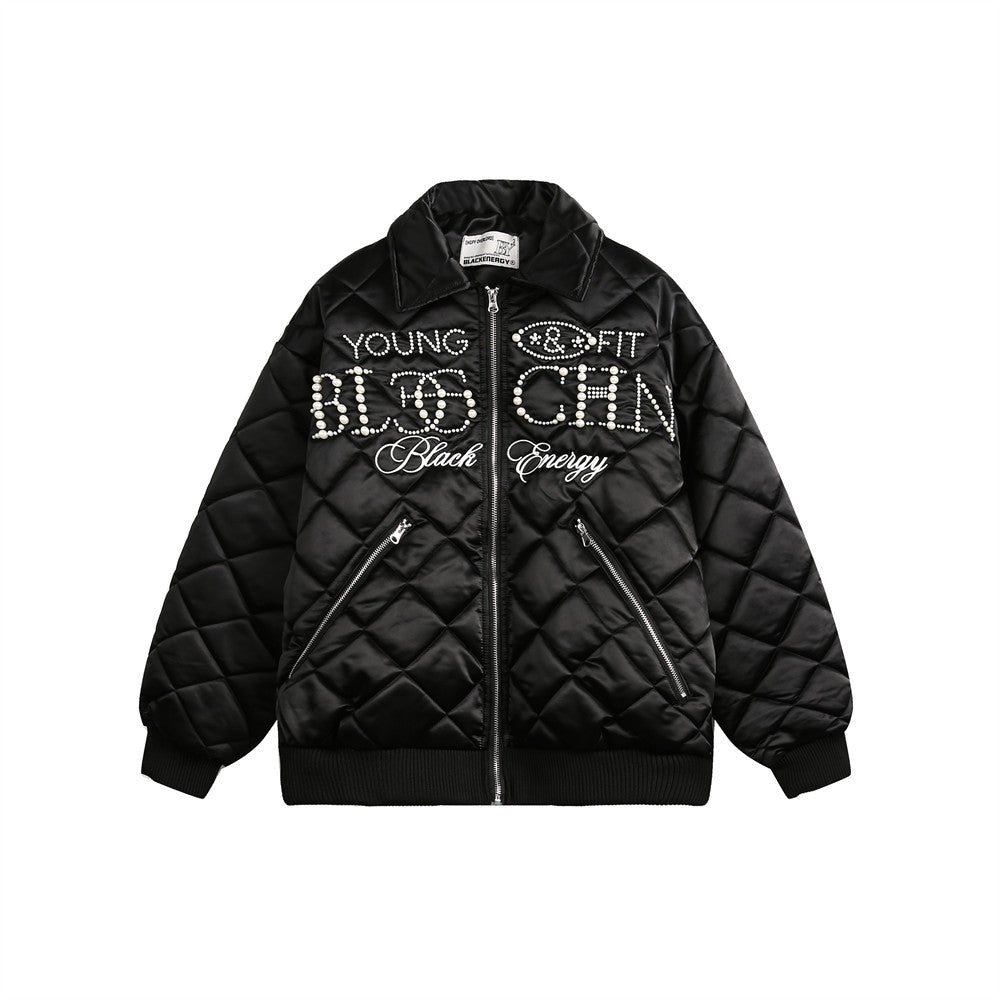 Cotton-padded Jacket Men's Winter Vibe Fashion Brand European And American Creative Nail Bead Hot Drilling Letter Set Loose Lapel Cotton Coat
