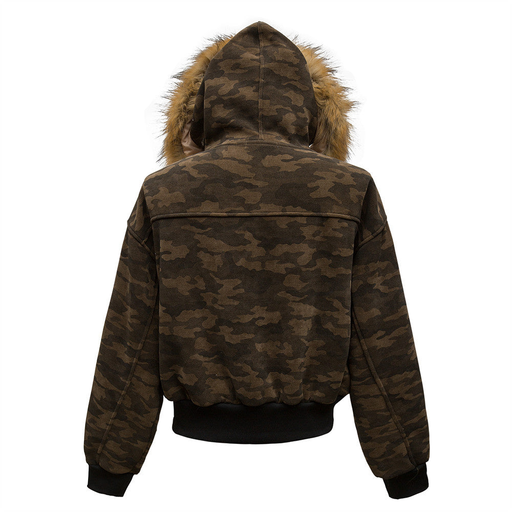 Wool Collar Hooded Cotton-padded Jacket European And American Fashion Brand Men's Loose Camouflage Deconstructed Stitching Thickened Work Jacket Winter