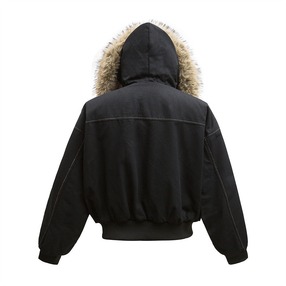 Canvas Seat Mountain Carving Fur Collar Hooded Cotton-padded Coat Men's Winter Loose American Style Street Fashion Button Decorative Cotton Coat Jacket