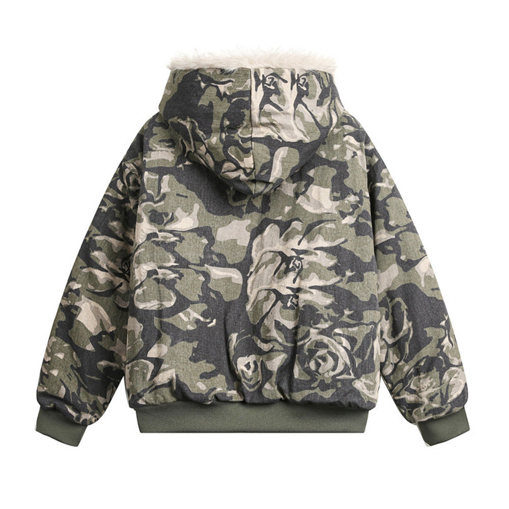 Camouflage Hooded Cotton-padded Coat Men's Winter American Style High Street Design Sense Loose Cotton Plush Thickened Cotton-padded Coat