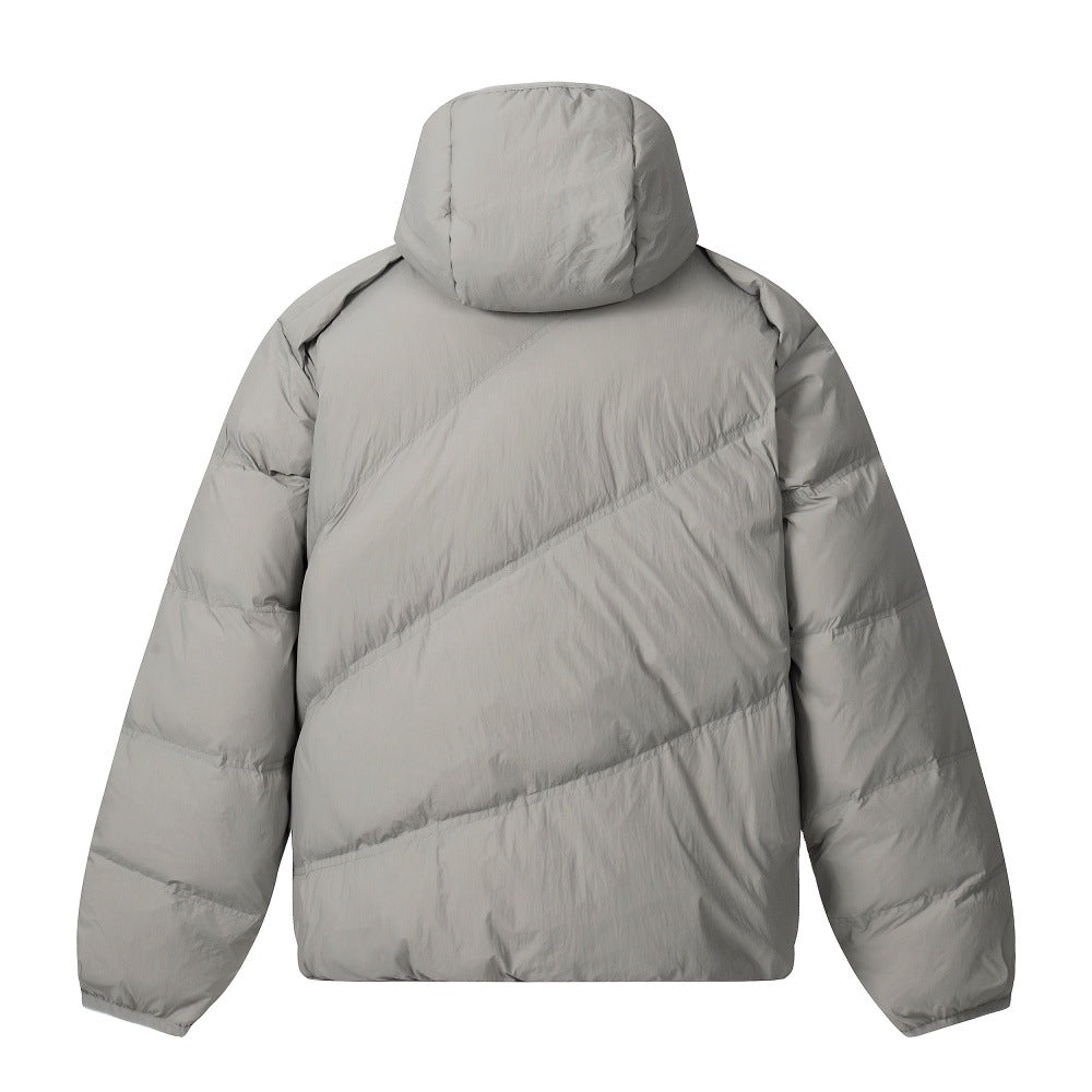 Cotton-padded Jacket Men's Winter Solid Color Loose-fit Grid Oblique Zipper Irregular Design Sense Personality Hooded Cotton-padded Jacket Trendy