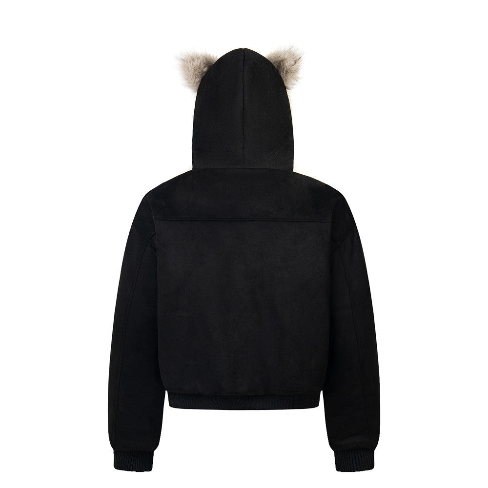 Cat Ears Hooded Cotton-padded Jacket Winter Men's Seat Mountain Carving Cotton Loose Short Jacket Fashion Brand High Street Pocket Design