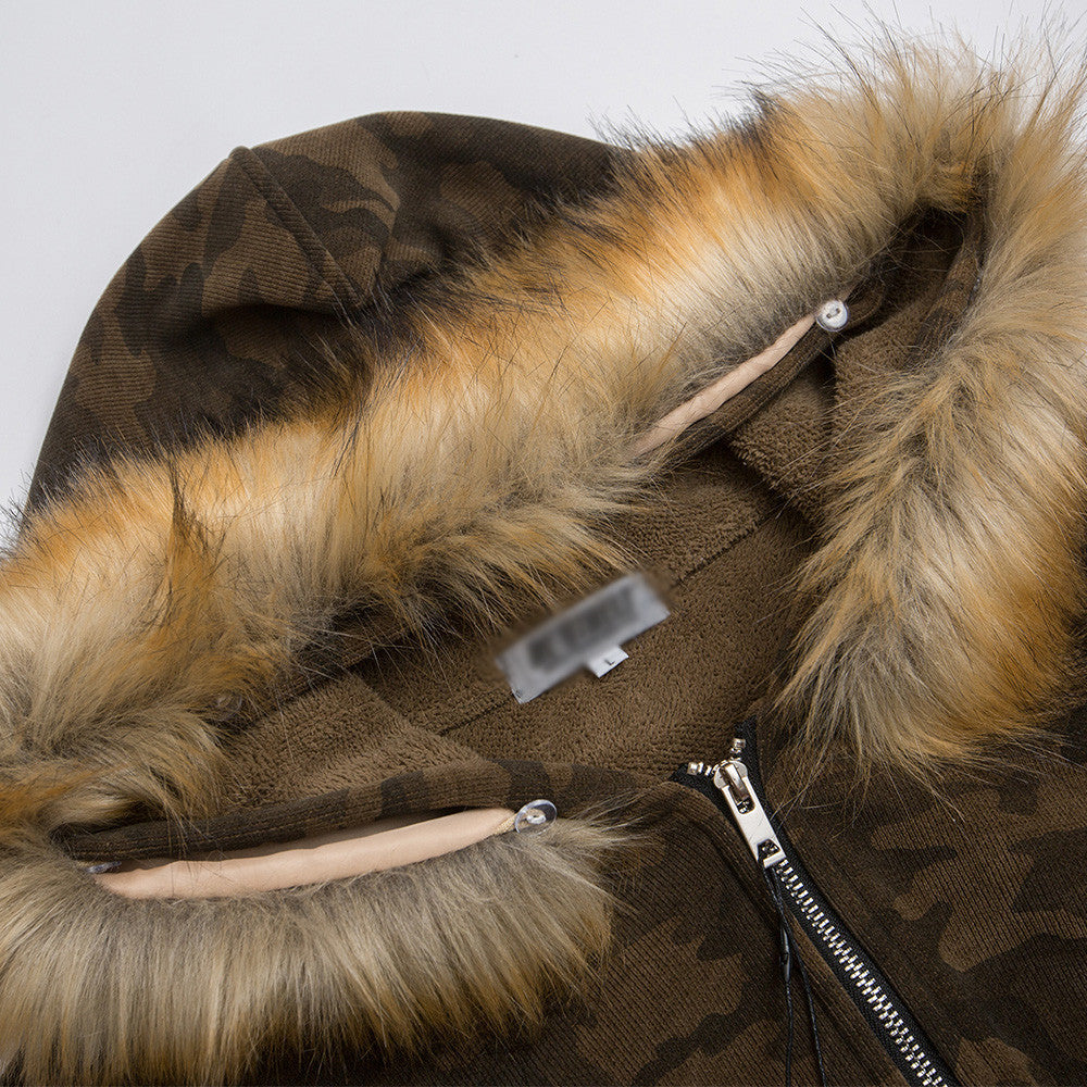 Wool Collar Hooded Cotton-padded Jacket European And American Fashion Brand Men's Loose Camouflage Deconstructed Stitching Thickened Work Jacket Winter