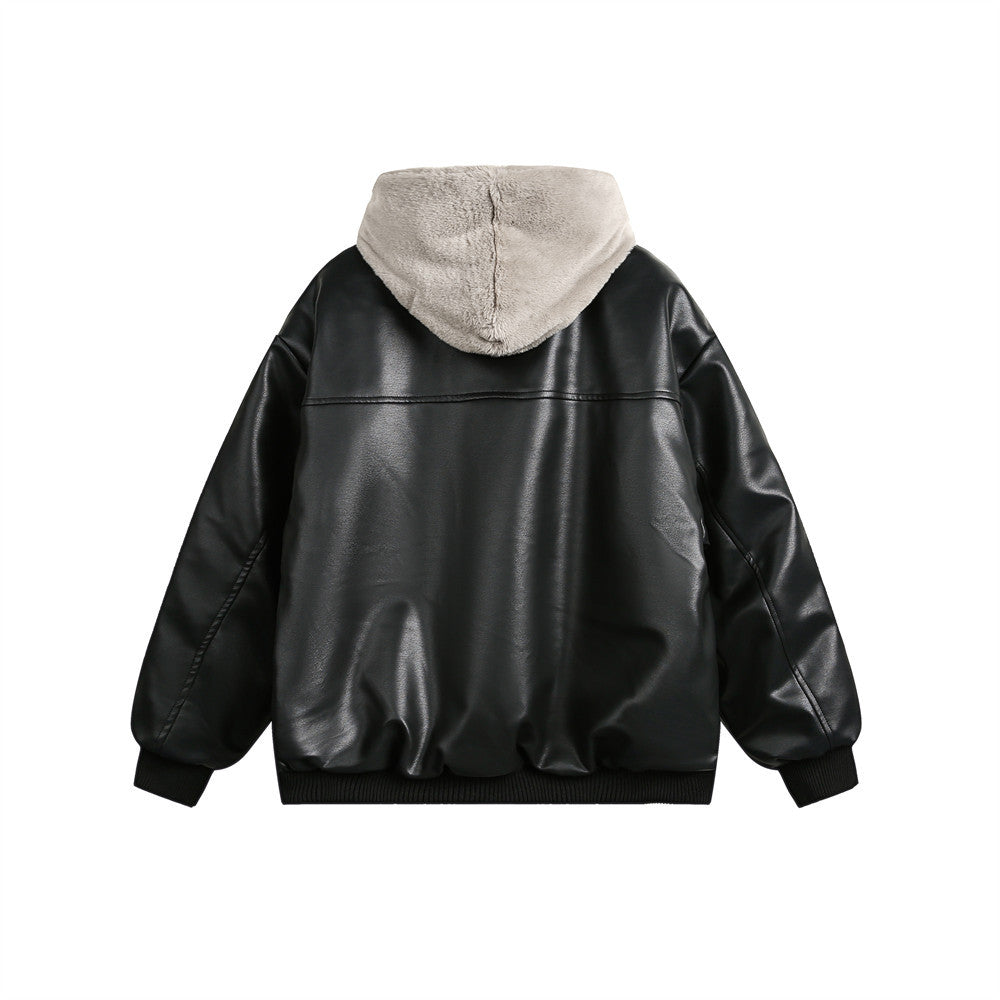 Color Matching Fake Two-piece Double Collar Hooded PU Leather Cotton-padded Jacket Winter Men's Fashion Brand Thick Warm Cotton-padded Jacket