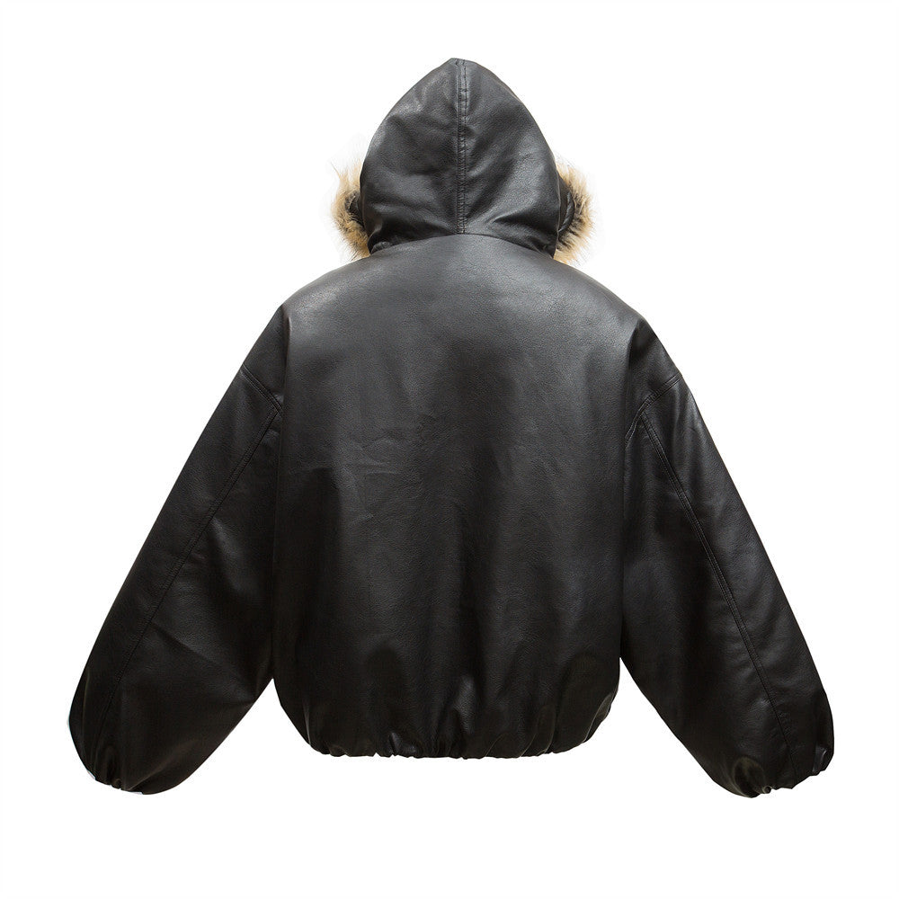 Wool Collar Hooded PU Leather Cotton-padded Jacket Men's Winter Thickened Cold-proof Warm Bread Clothing Leather Jacket Fashion Brand American Style