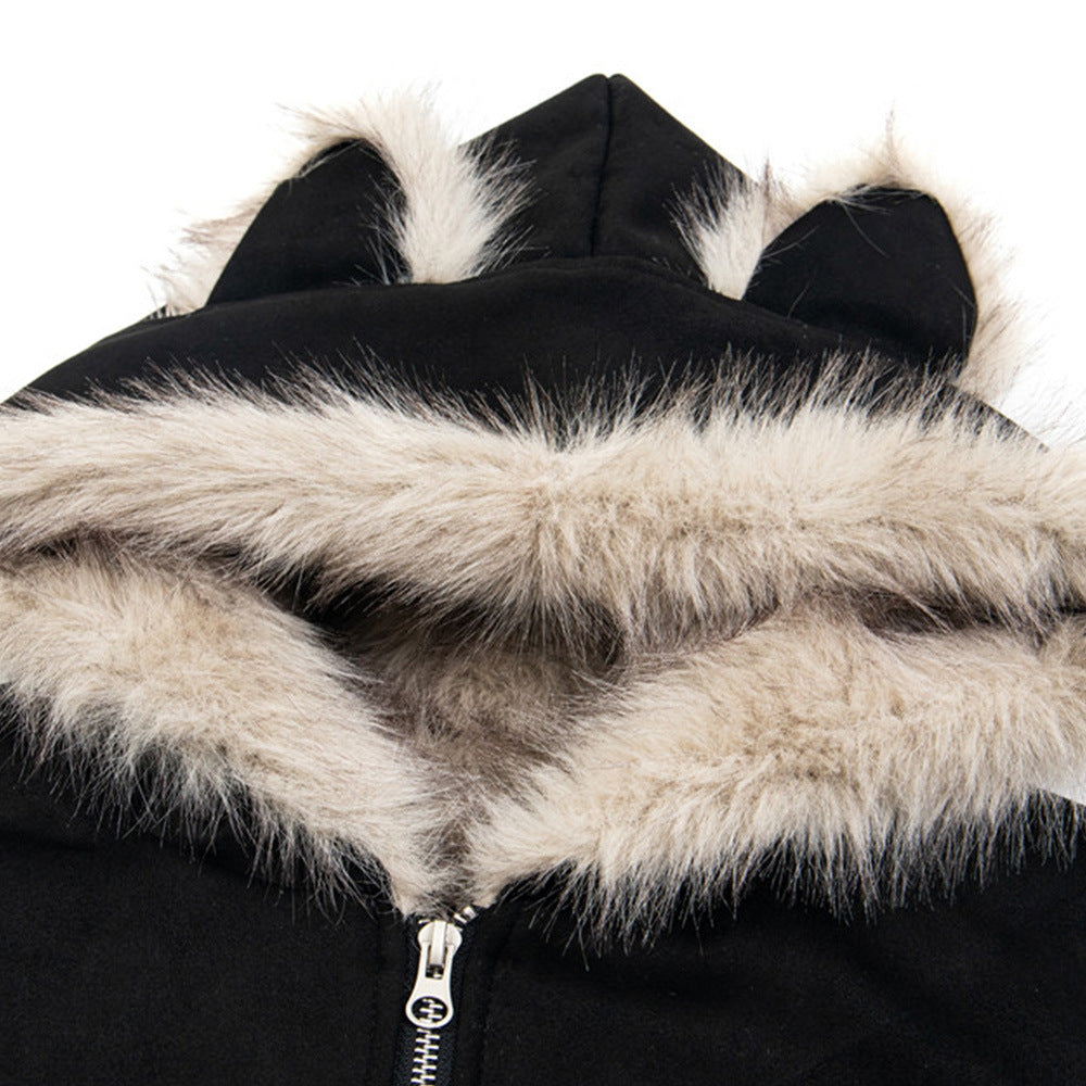 Cat Ears Hooded Cotton-padded Jacket Winter Men's Seat Mountain Carving Cotton Loose Short Jacket Fashion Brand High Street Pocket Design