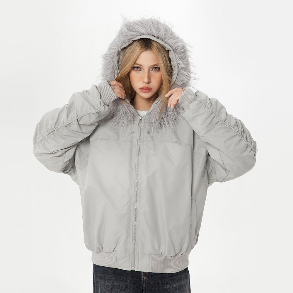 Hooded Fur Collar Cotton-padded Jacket Winter Men's Fashion Brand Heavy Craft Pleated Design Niche Loose Cotton Clothes