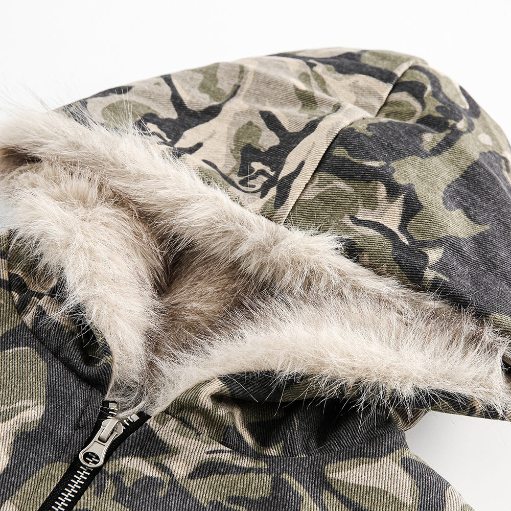 Camouflage Hooded Cotton-padded Coat Men's Winter American Style High Street Design Sense Loose Cotton Plush Thickened Cotton-padded Coat