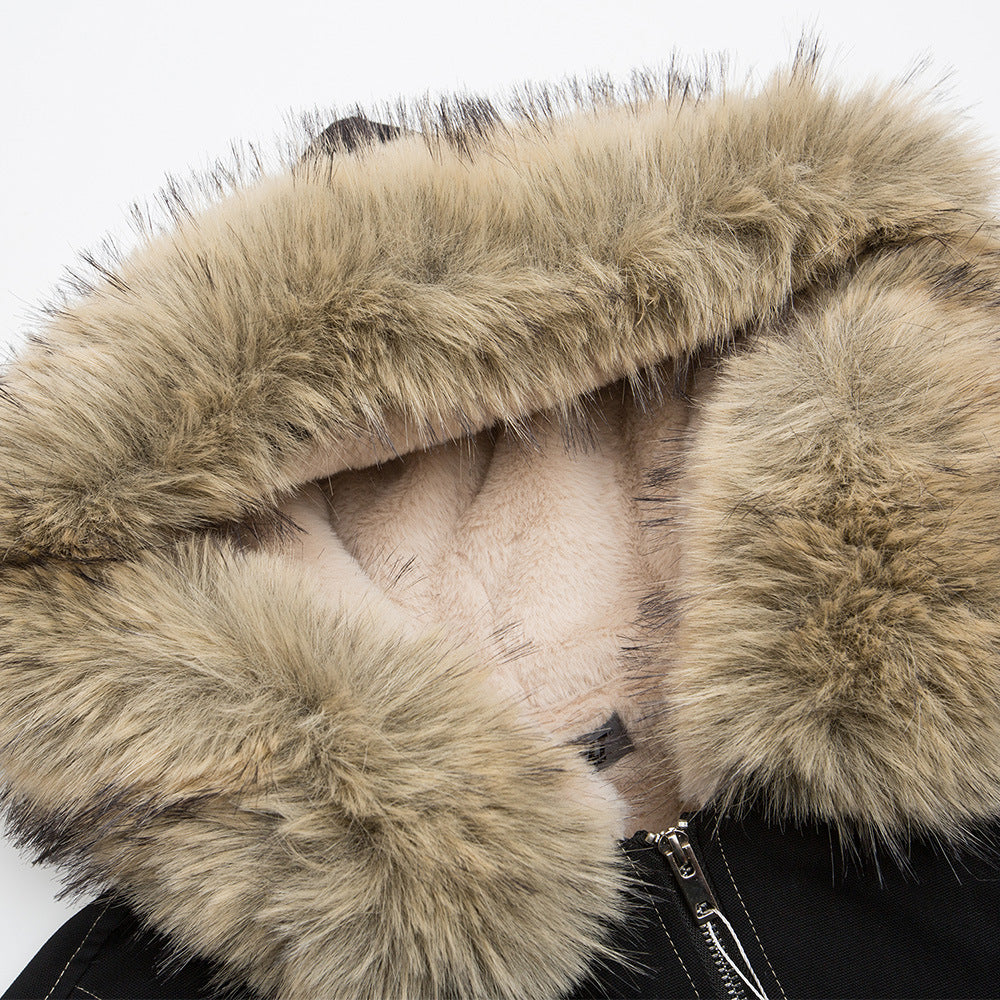 Canvas Seat Mountain Carving Fur Collar Hooded Cotton-padded Coat Men's Winter Loose American Style Street Fashion Button Decorative Cotton Coat Jacket