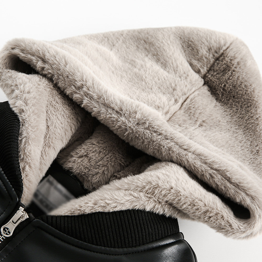 Color Matching Fake Two-piece Double Collar Hooded PU Leather Cotton-padded Jacket Winter Men's Fashion Brand Thick Warm Cotton-padded Jacket