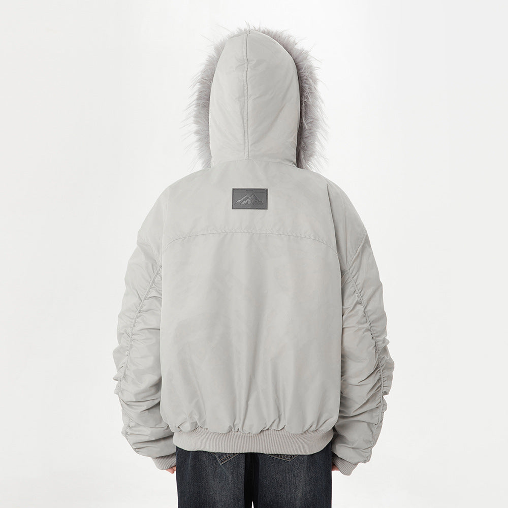 Hooded Fur Collar Cotton-padded Jacket Winter Men's Fashion Brand Heavy Craft Pleated Design Niche Loose Cotton Clothes