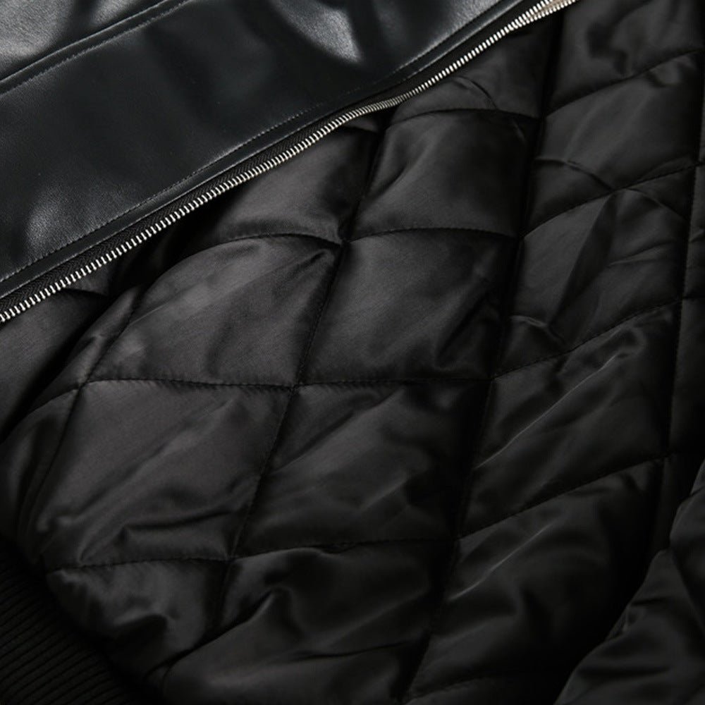 Color Matching Fake Two-piece Double Collar Hooded PU Leather Cotton-padded Jacket Winter Men's Fashion Brand Thick Warm Cotton-padded Jacket