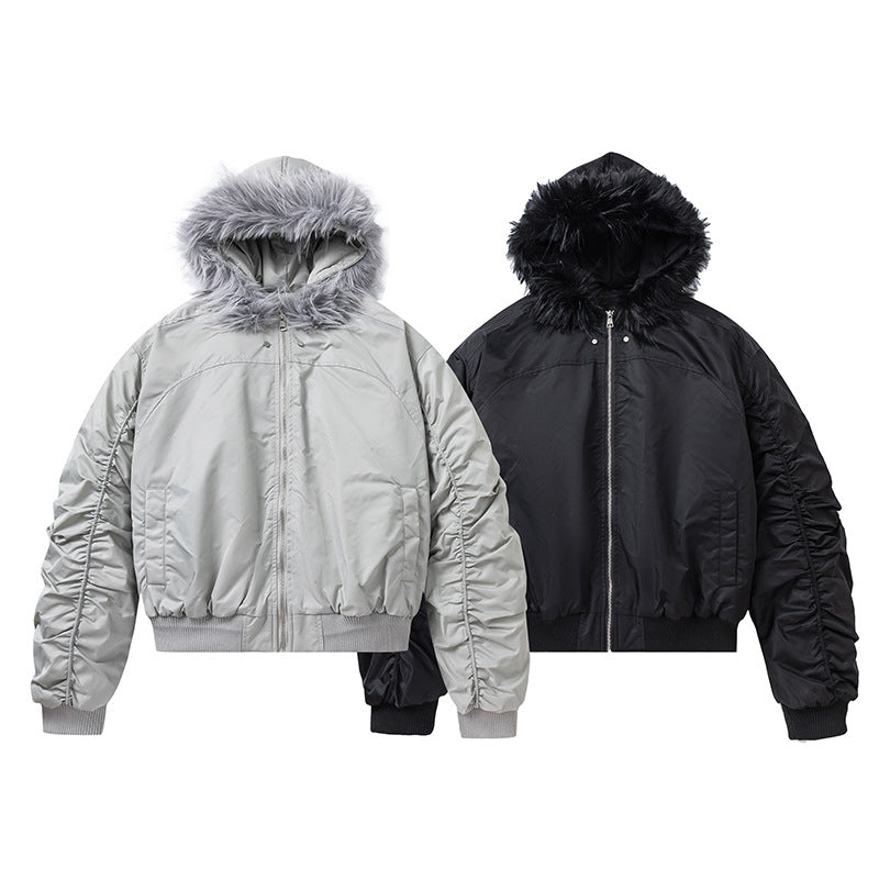 Hooded Fur Collar Cotton-padded Jacket Winter Men's Fashion Brand Heavy Craft Pleated Design Niche Loose Cotton Clothes
