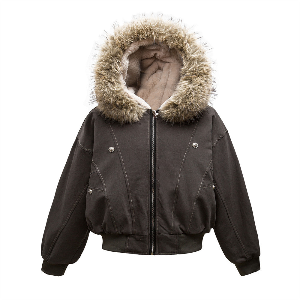Canvas Seat Mountain Carving Fur Collar Hooded Cotton-padded Coat Men's Winter Loose American Style Street Fashion Button Decorative Cotton Coat Jacket