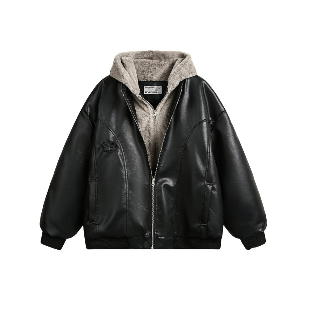 Color Matching Fake Two-piece Double Collar Hooded PU Leather Cotton-padded Jacket Winter Men's Fashion Brand Thick Warm Cotton-padded Jacket
