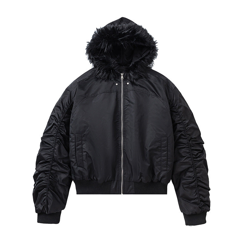Hooded Fur Collar Cotton-padded Jacket Winter Men's Fashion Brand Heavy Craft Pleated Design Niche Loose Cotton Clothes