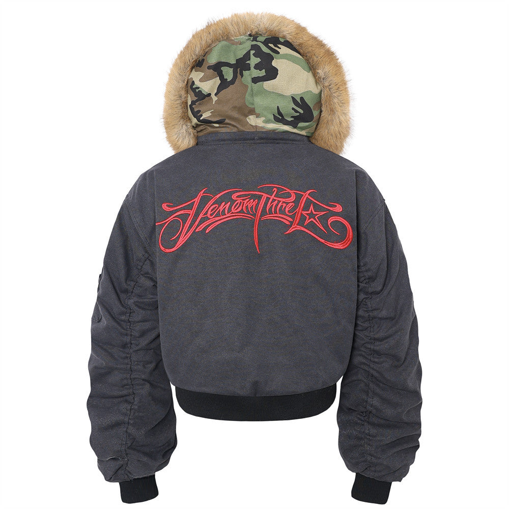 Letter Embroidered Hooded Cotton Jacket Bomber Jacket Men's Winter Pleated Hat Fur Collar Detachable Baseball Suit Coat