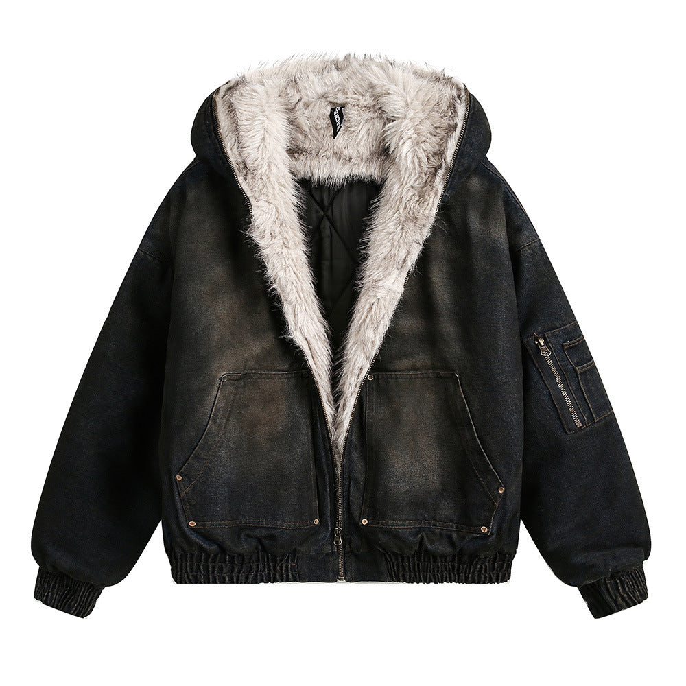 Suishan Carved Fur Collar Hooded Cotton-padded Jacket Men's Winter Loose American Style Fashion Brand Pocket Decorative Denim Cotton-padded Jacket