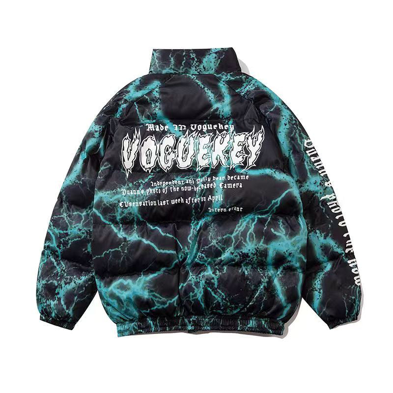 American Style Dark Graffiti Print Loose Cotton Coat Coat High Street Hip Hop Couple Bread Coat Cotton Coat Fashion
