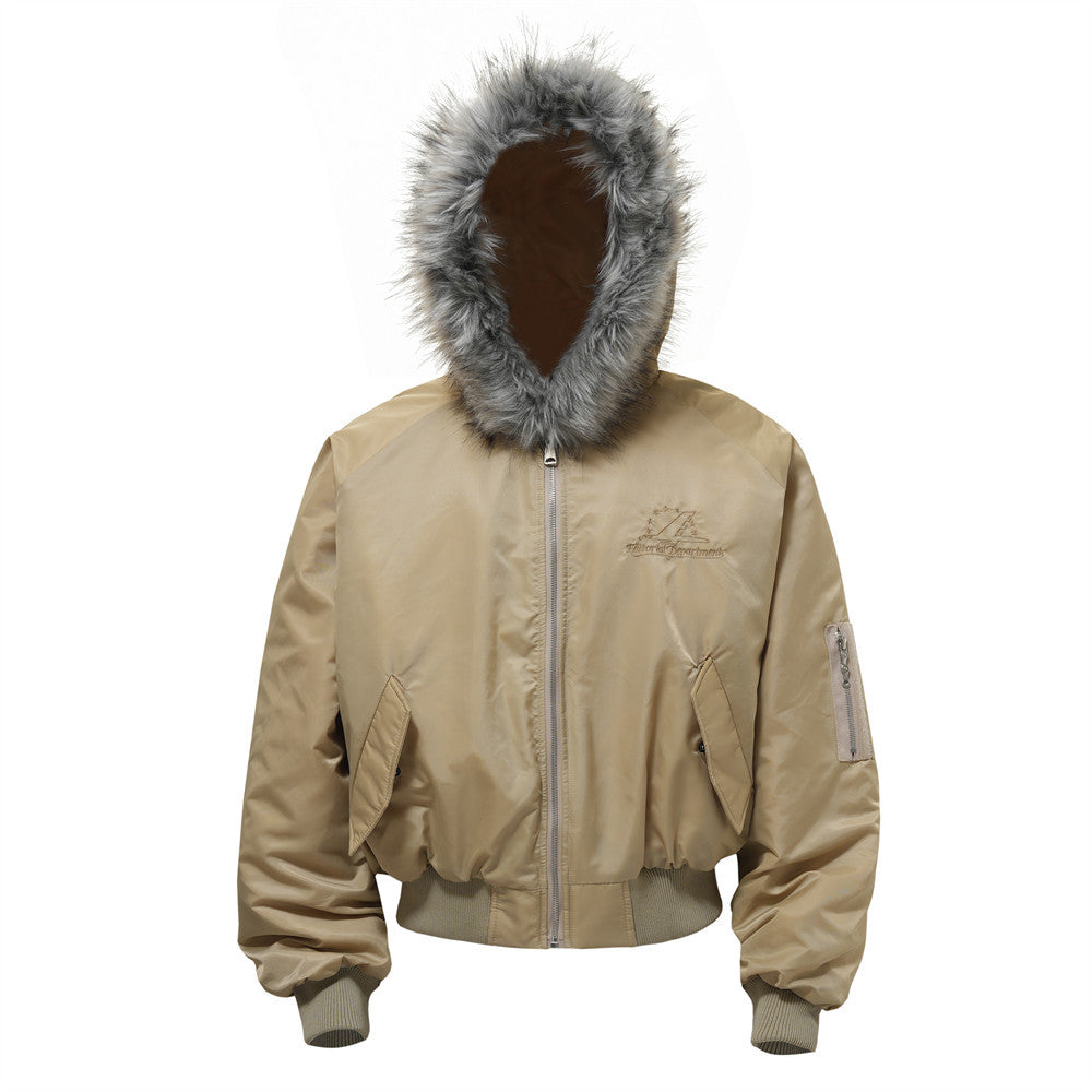 American Style Mountain Carving Hooded Cotton-padded Jacket Men's Winter Embroidered Detachable Fur Collar Casual Short Jacket Cotton-padded Jacket