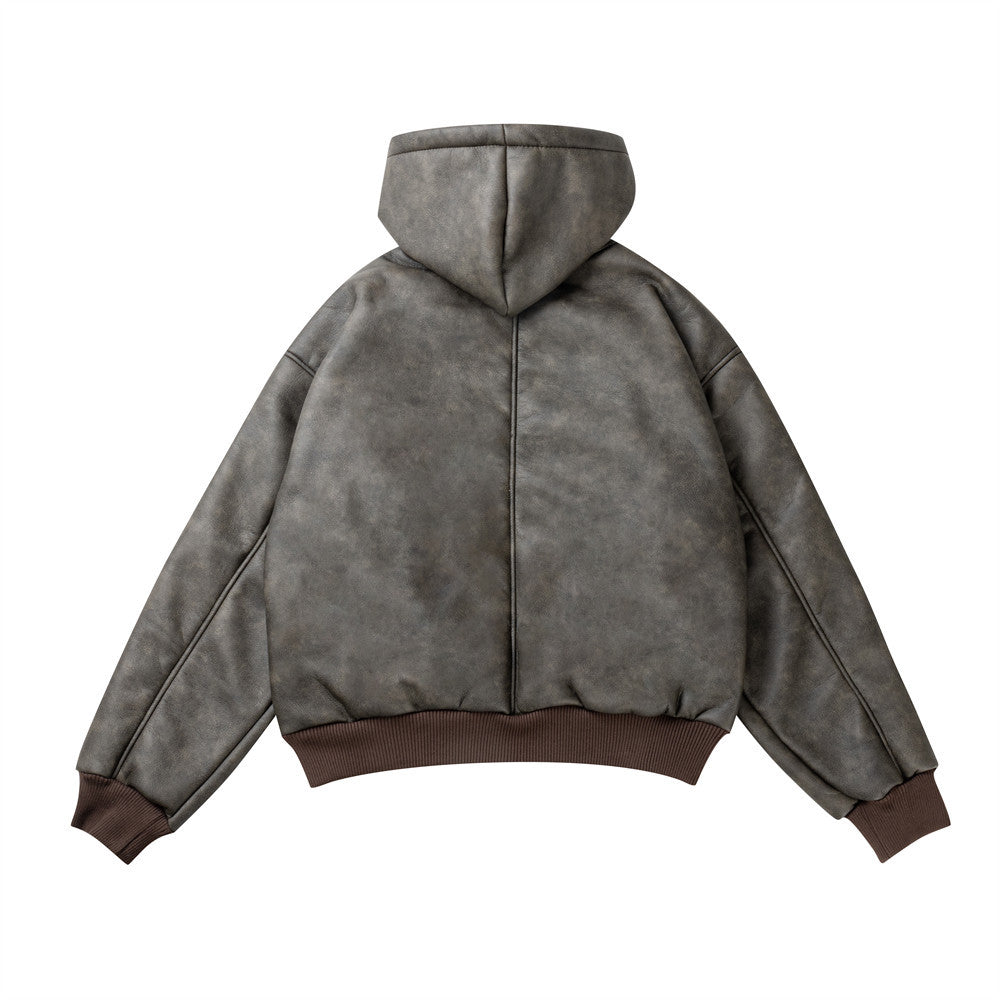 Fried Flower Old Thickened Hooded Cotton-padded Jacket Leather Jacket Men's Winter Punk Fashion Fleece-Lined Lamb Wool PU Leather Cotton-padded Jacket